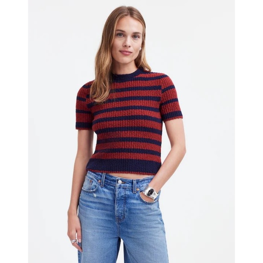 Madewell Bouclé-Knit Crewneck Sweater Stripe Short Sleeve XS Preppy Parisian